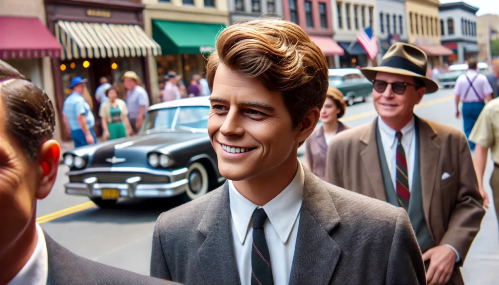 Robert F. Kennedy: A Courageous Crusade for Justice in America 1 DALL%C2%B7E 2025 01 05 01.59.17 A realistic depiction of a man resembling Robert F. Kennedy walking on a busy street dressed in a suit and tie. He has a slightly lean determined fa